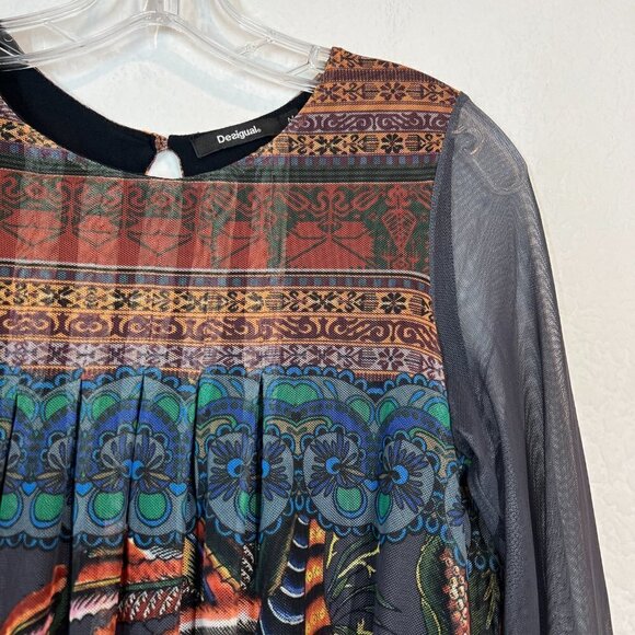 Desigual Blouse Top Tunic Floral Print Sheer Babydoll Medium - Picture 4 of 10